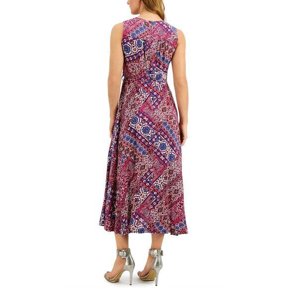 Calvin Klein Mosaic Print Patchwork Faux-Wrap A-Line Maxi Dress w/Tie Size 14 - Picture 2 of 11